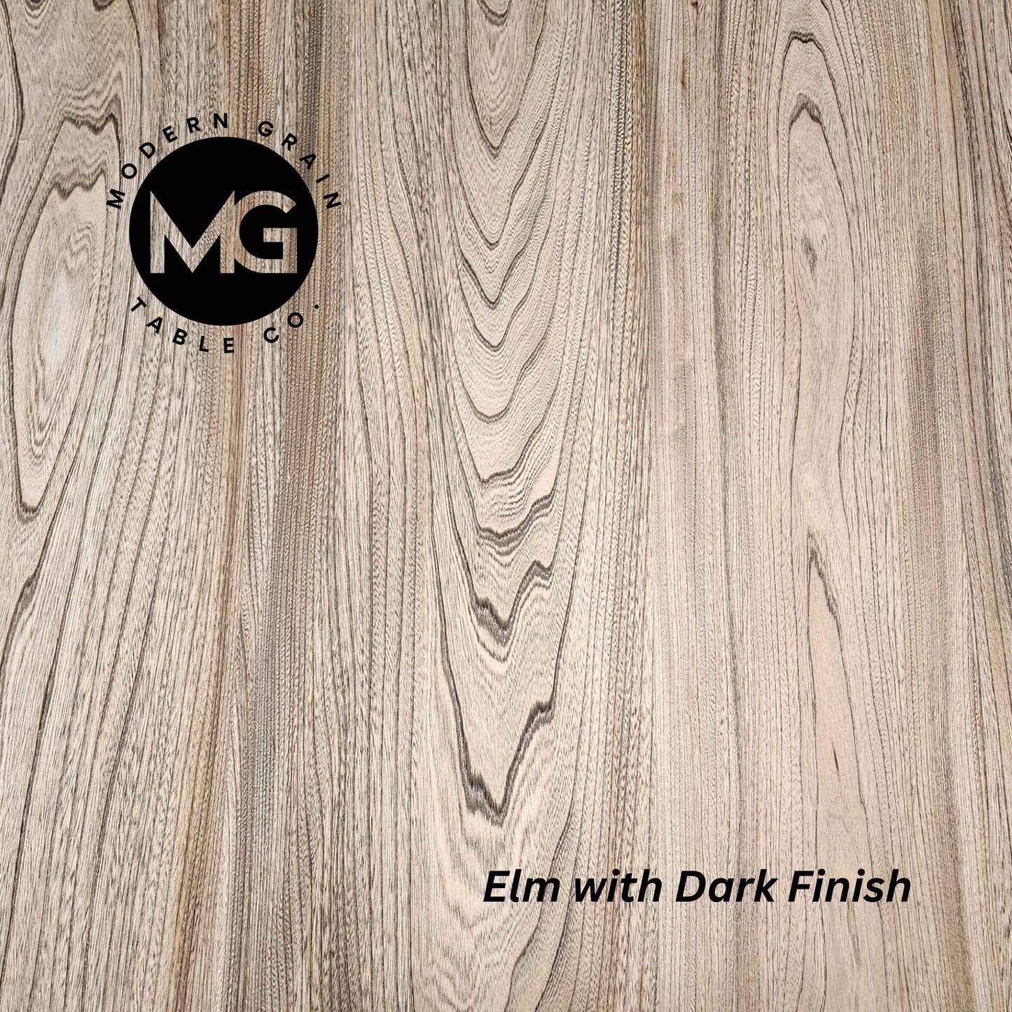Detailed close-up of Elm hardwood with Dark finish from Modern Grain Table Co., showing bold grain movement and deep, natural contrast.