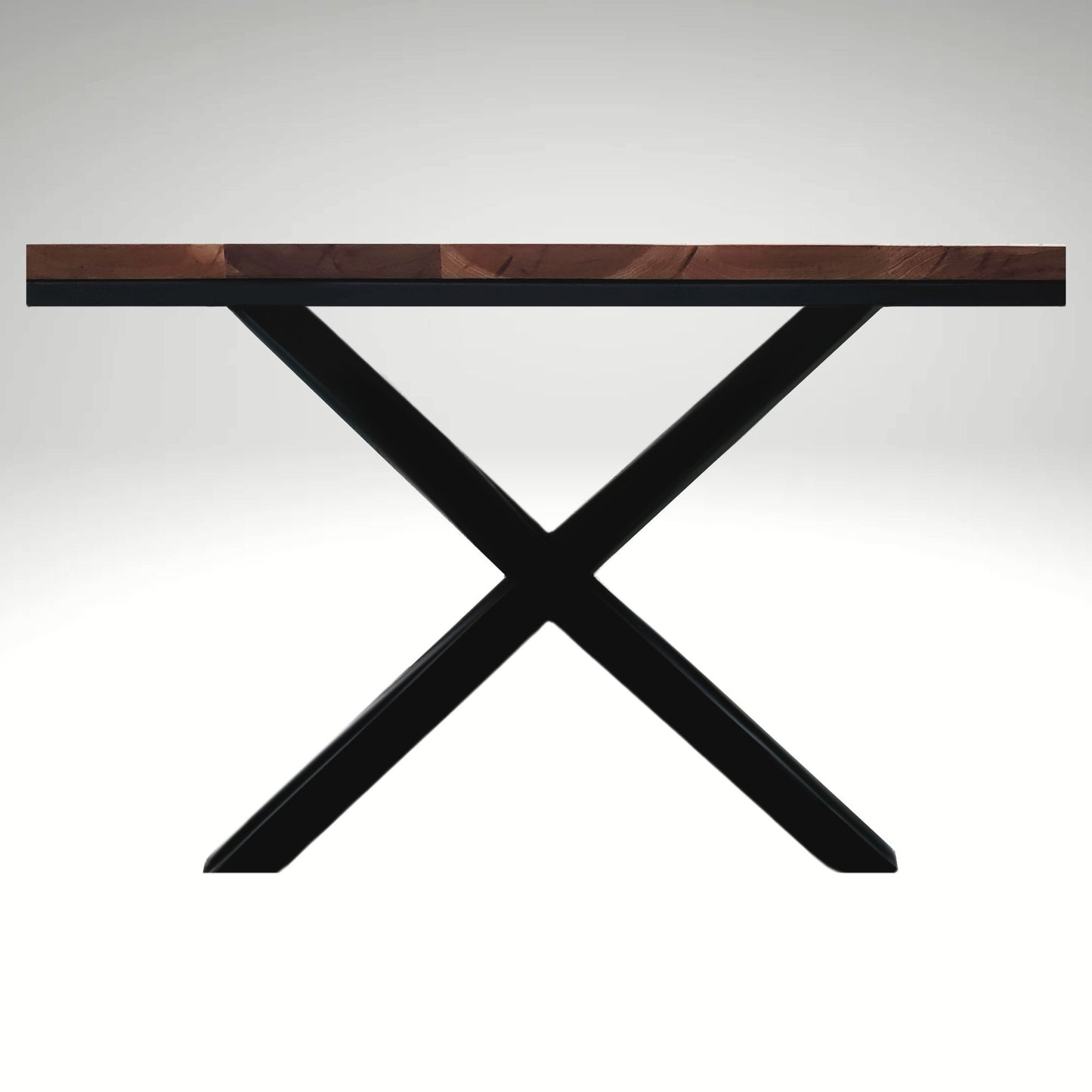 X powder-coated metal base designed for Modern Grain custom hardwood tables. Durable, fully welded, and made for modern spaces.