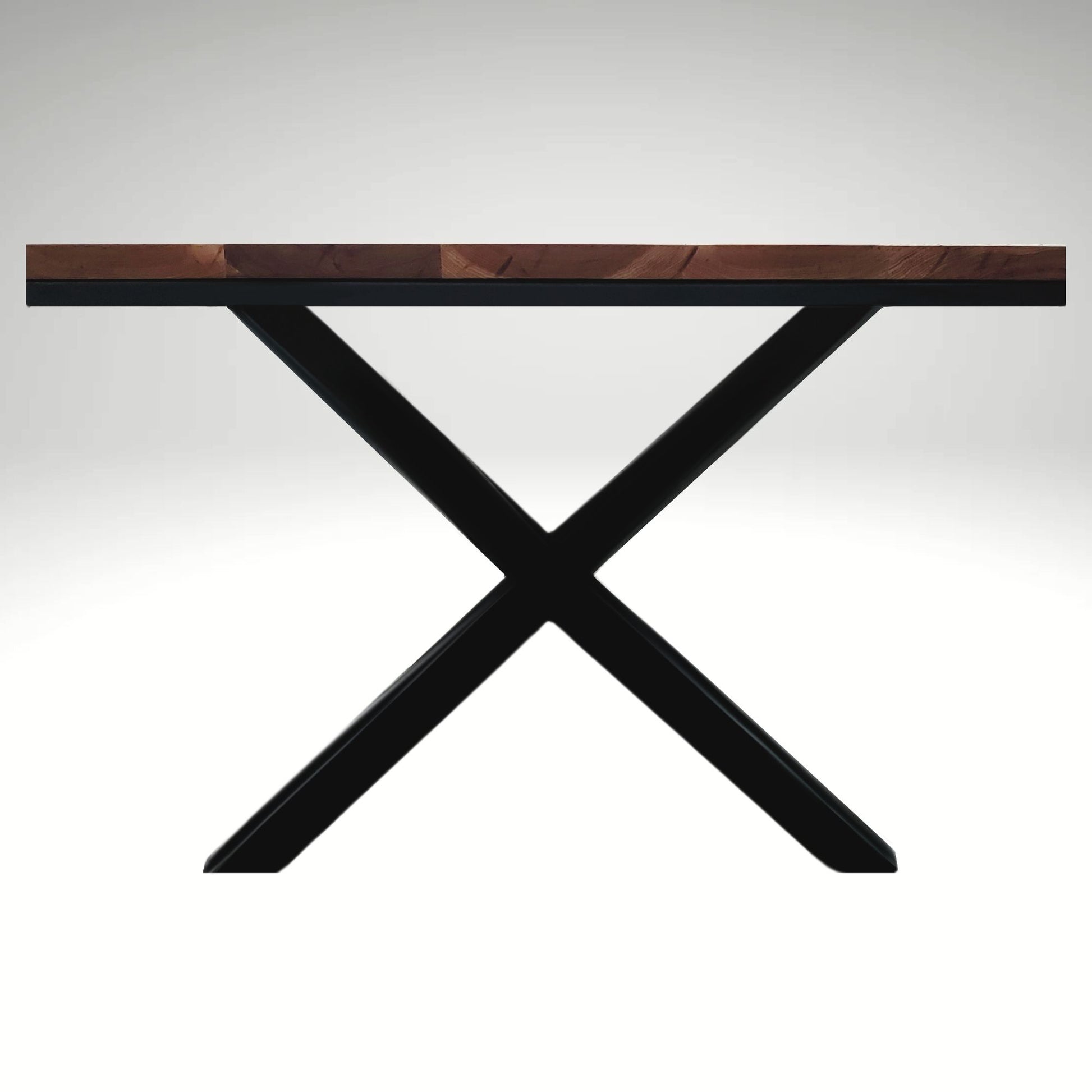 X powder-coated metal base designed for Modern Grain custom hardwood tables. Durable, fully welded, and made for modern spaces.
